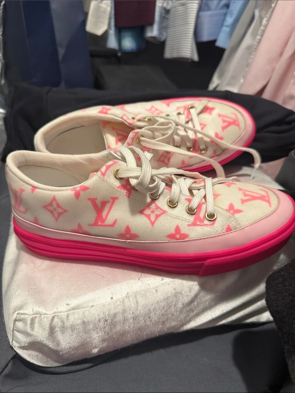 Louis Vuitton Cream and Neon Pink Monogram Low-Top Sneakers